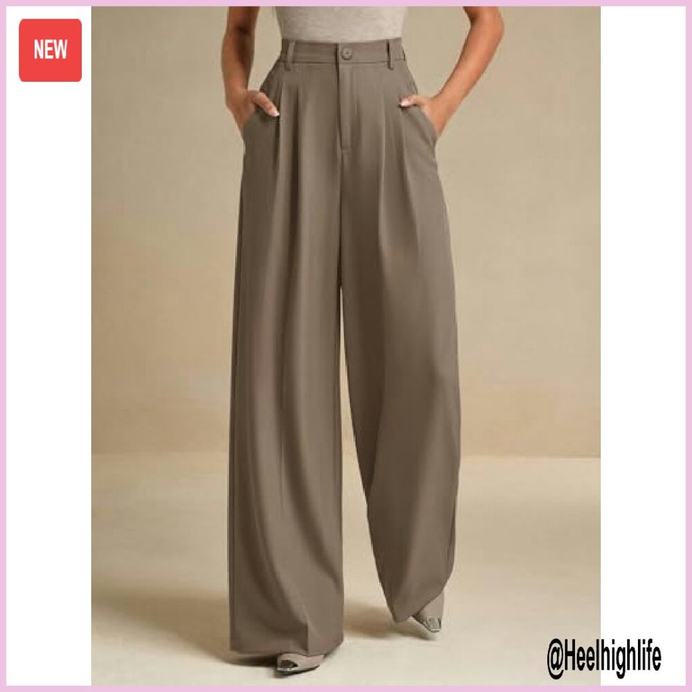 Women's Wide Leg Dress Pants High Waist Elastic Back Flowy Trousers - Picture 6 of 8